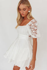 Abby Lace Puff Sleeve Tie-Up Back Dress White