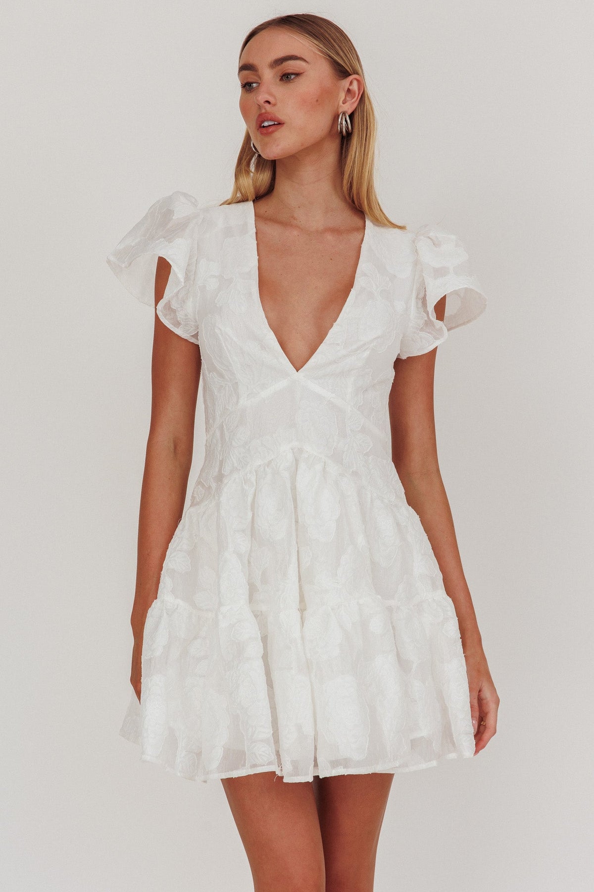 Irenna Ruffle Sleeve V-Neck Mini Dress Textured White