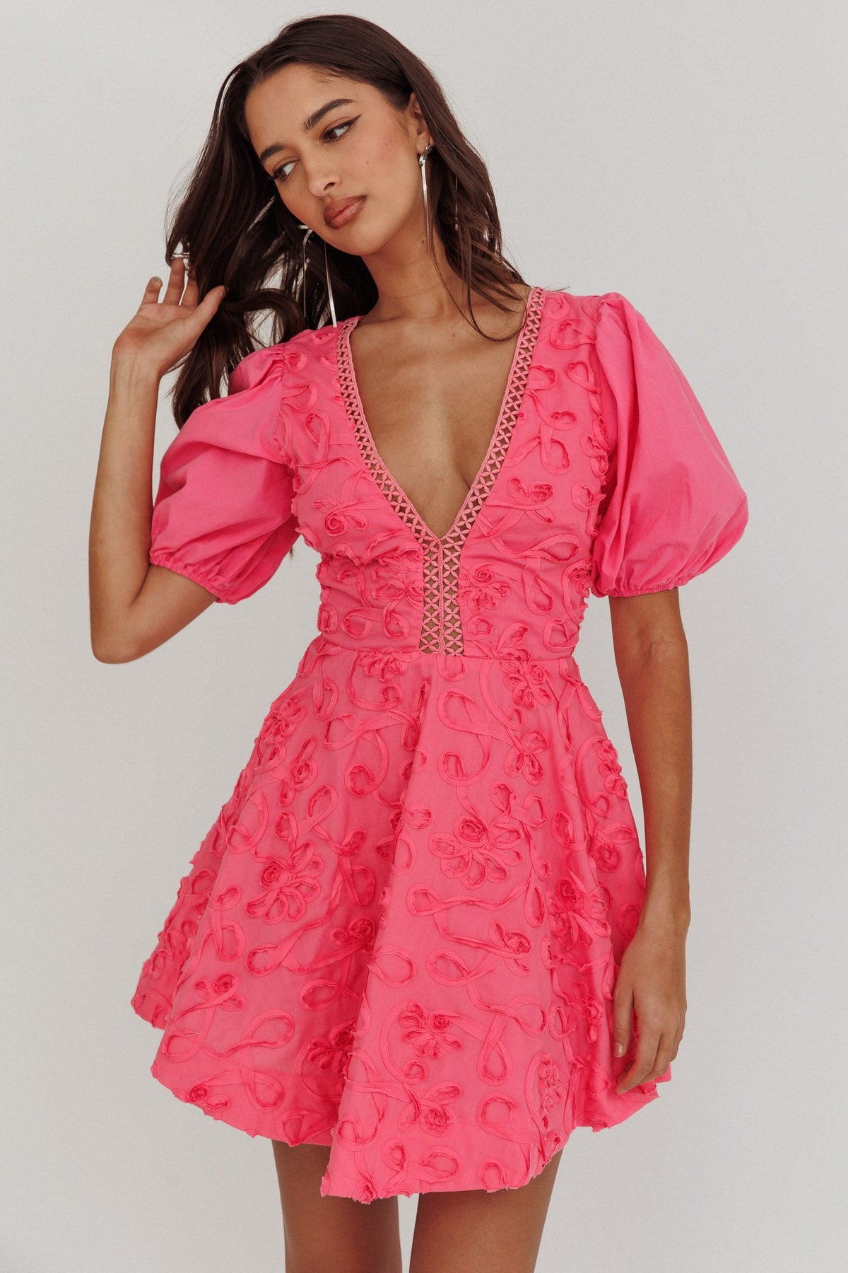 Samsara Puff Sleeve Mini Dress Hot Pink