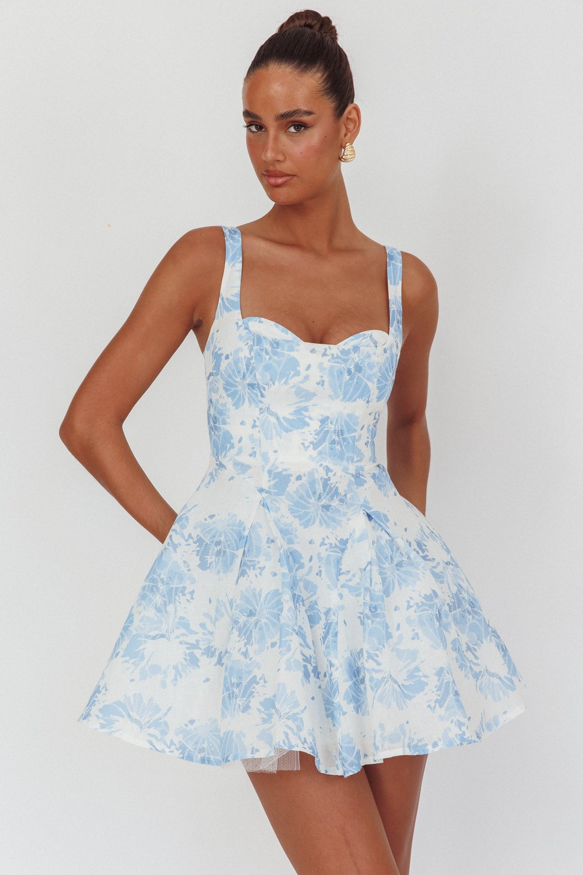 Get My Attention Off-Shoulder Mini Dress Floral Blue