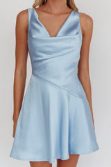 Brigid Cowl Neck Scoop Back Mini Dress Blue