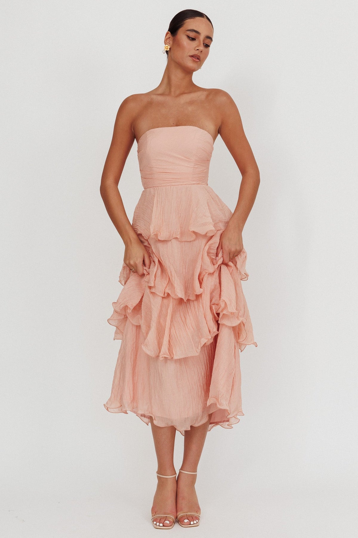 Giavana Strapless Layered Midi Dress Peach