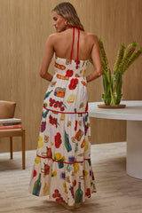 Asiah Gathered Bust Halterneck Maxi Dress Print White
