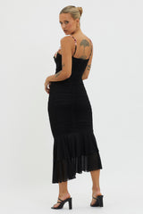 Rose Garden Ruched Mesh Midi Dress Black