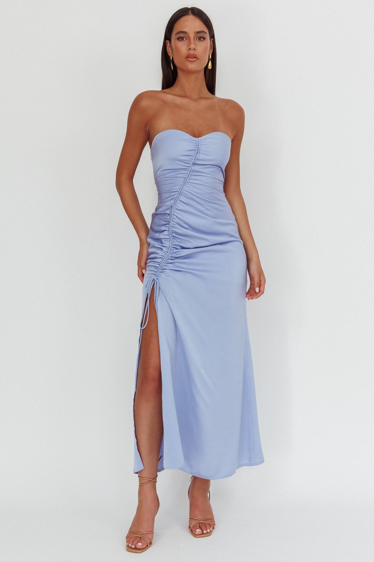 Molinda Strapless Ruched Drawstring Maxi Dress Blue